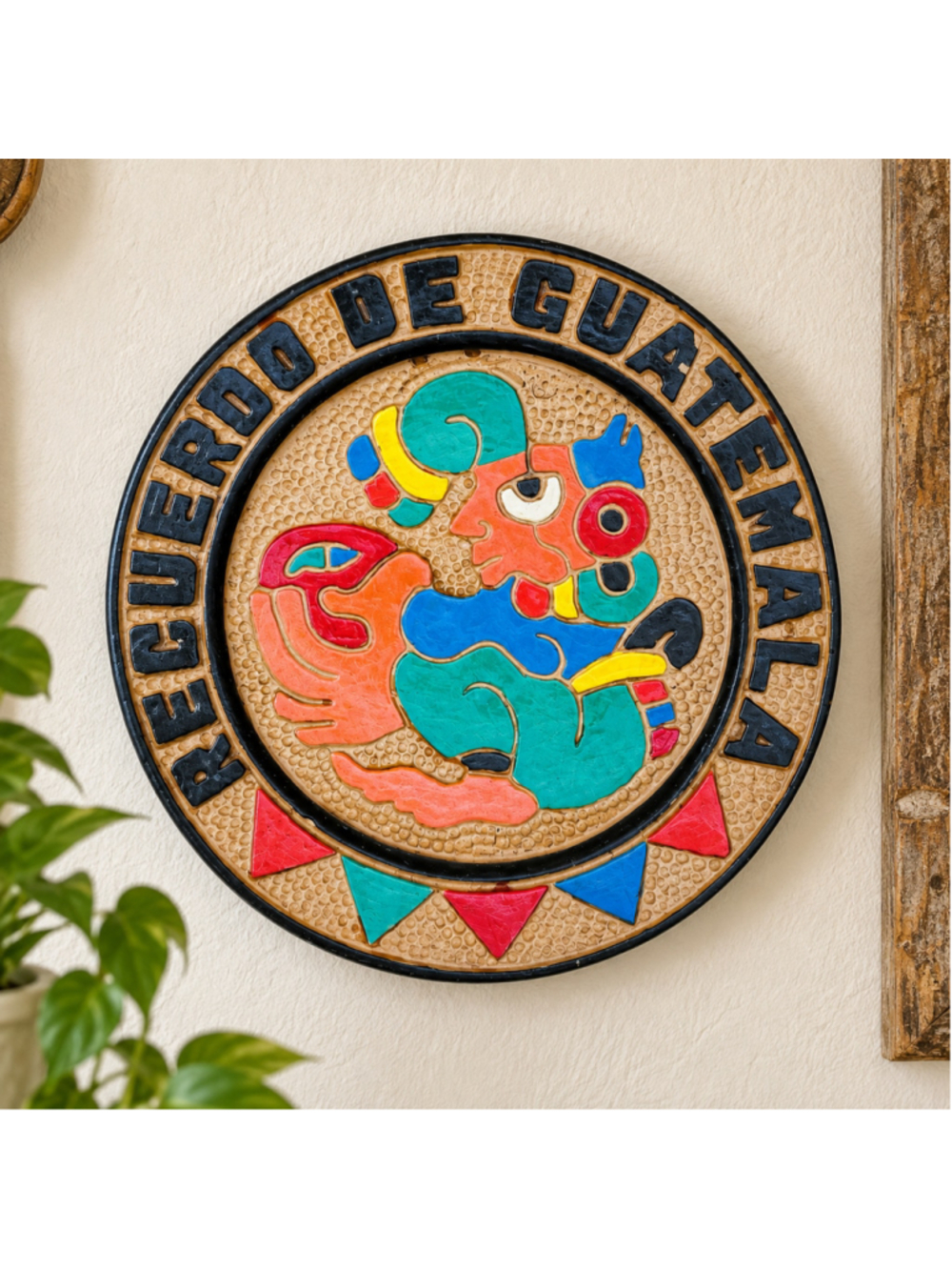 1970s-1980s Recuerdo de Guatemala Terracotta Wall Plaque Mayan Folk Art 8"